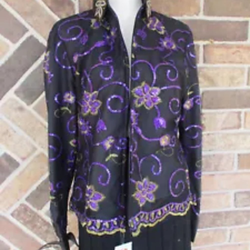 Black Blouse with Purple and Gold Floral Embroidery